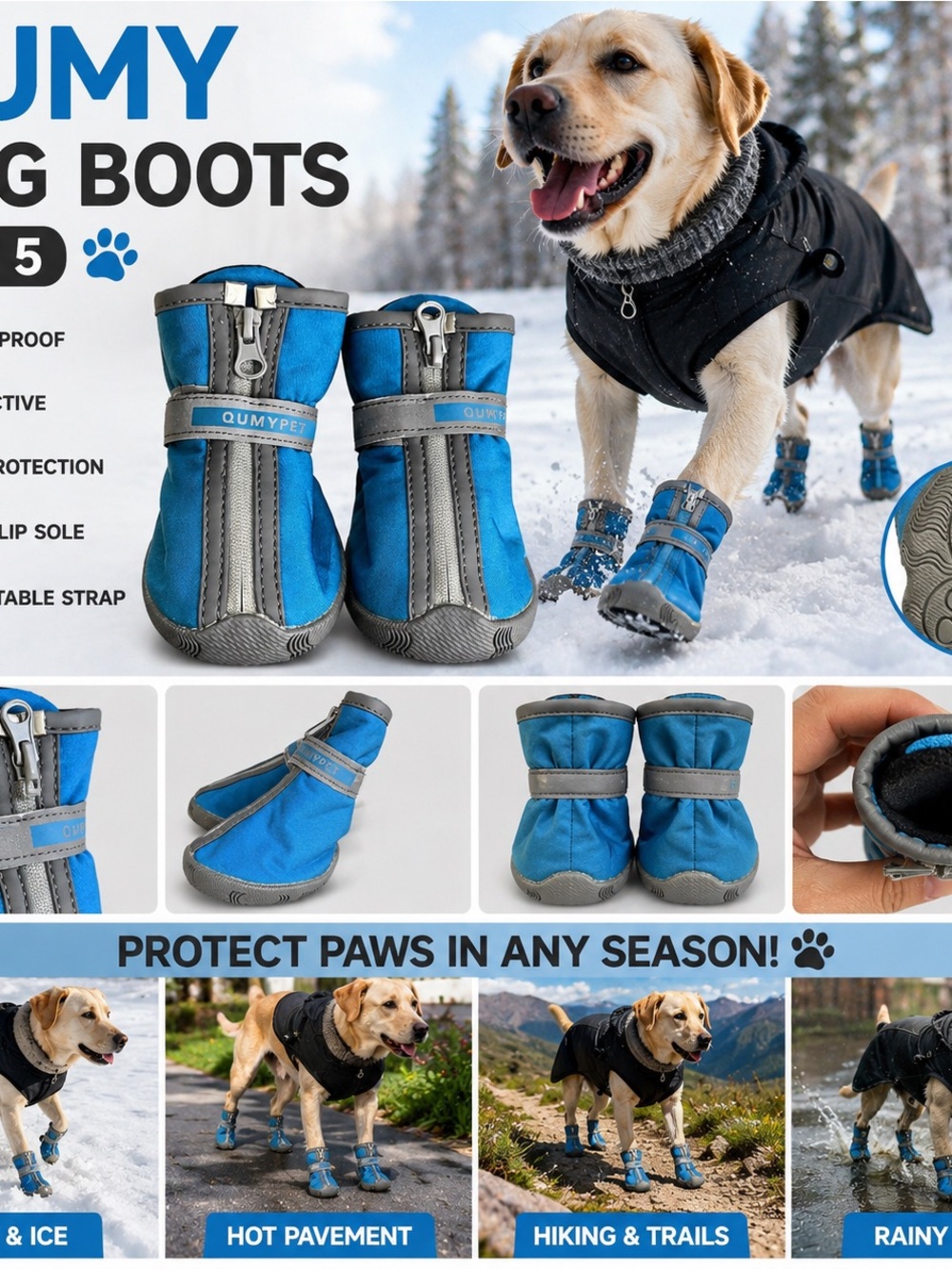 QUMY Dog Shoes Size 5 Blue Waterproof Paw Protector Reflective Snow Hot Pavement